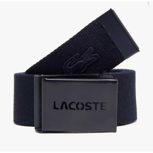 Lacoste Men’s Navy Blue Webbed Belt | Silver Logo Buckle Casual Designer Accesso - Picture 2 of 11